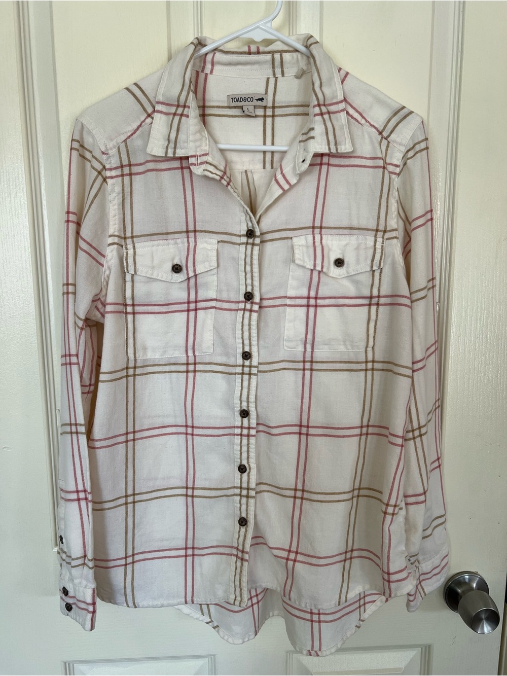 Toad&Co Re-Form Flannel Plaid Shirt Cream Pink Tan Size Large
